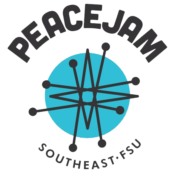 The word PeaceJam above a circle containing complex expanding lines with the words Southeast FSU below it